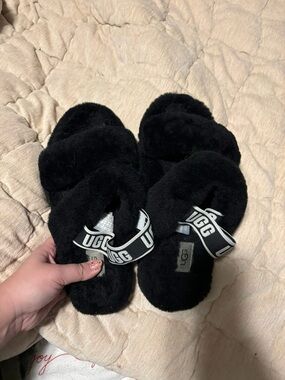 UGG Black Plush Cross-Band Slides with Logo Strap